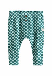 Groen en witte geruite broek, gemaakt van zachte stof, met twee houten knopen, een elastische tailleband en opgerolde mouwen. Kleine zak aan de zijkant.