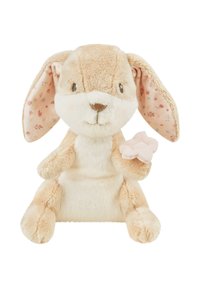 Soft beige stuffed bunny with long ears featuring pink floral-patterned inner lining. It holds a light pink flower in its right paw.