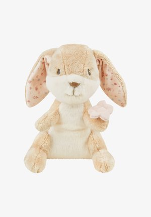 Soft beige stuffed bunny with long ears featuring pink floral-patterned inner lining. It holds a light pink flower in its right paw.