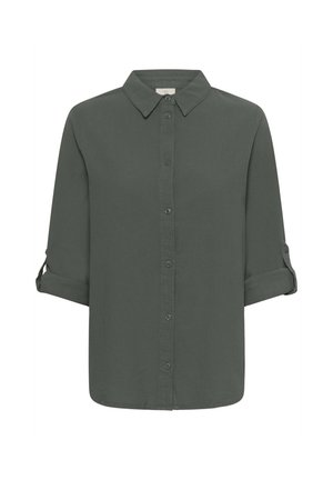 Dark green button-up shirt, soft fabric, collared design, roll-tab sleeves, straight hem, features tonal buttons along the front.