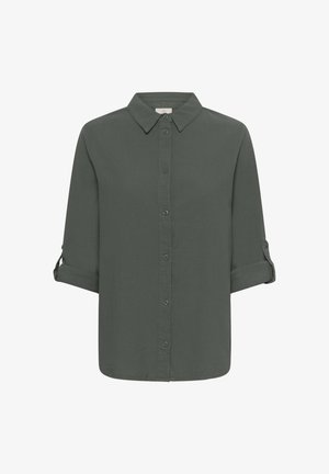 Dark green button-up shirt, soft fabric, collared design, roll-tab sleeves, straight hem, features tonal buttons along the front.