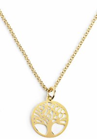 Collier couleur or avec un pendentif circulaire orné d'un motif d'arbre détaillé, suspendu à une chaîne délicate.
