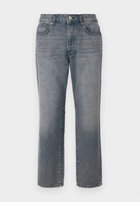 Hall grey denim teksad, sirge jalaga, viie taskuga disain ja nupu ja tõmbluku sulgemine. Kergelt pleekinud viimistlus koos nähtava õmblusega.