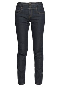 Ciemnoniebieskie obcisłe dżinsy o gładkiej fakturze, z talią średniego wzrostu, dwoma przednimi kieszeniami i złotymi przeszyciami.