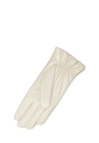 Witte leren handschoen met een gladde textuur, geplooide polsdetails en vingergaten. Kenmerkt zich door een elegant ontwerp en strakke lijnen.