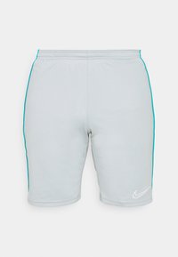 Ljusgråa sportshorts med kontrasterande turkosa sidostråk och en vit Nike-logotyp på nedre högra benet. Slät tyg, elastisk midja.