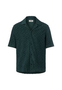 Kortetermijn shirt in donkergroen met een gestructureerd geometrisch patroon, knoopsluiting en kraag. De stof lijkt zacht en pluche.