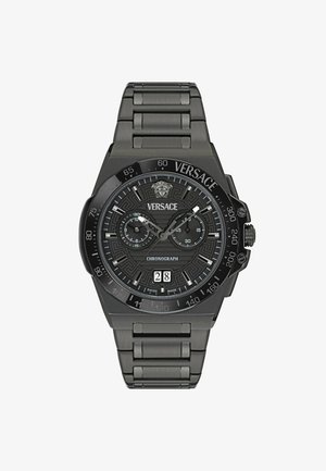 Ceas cronograf negru Versace cu brățară din oțel inoxidabil, cadran detaliat cu două subcadrane, fereastră pentru dată și logo Medusa la ora 12.