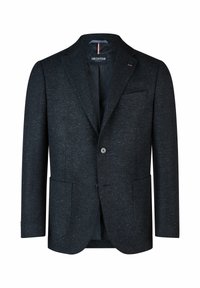 Dunkelblazer aus strukturiertem Stoff mit zwei vorderen Taschen, Einzelknopfverschluss, Reverskragen und einem dezenten Muster.