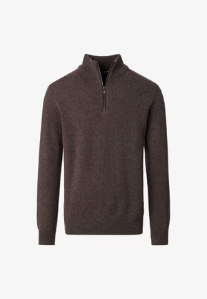 Brown knitted pullover sweater with a half-zip collar. Features ribbed cuffs and hem, smooth texture, and classic fit.