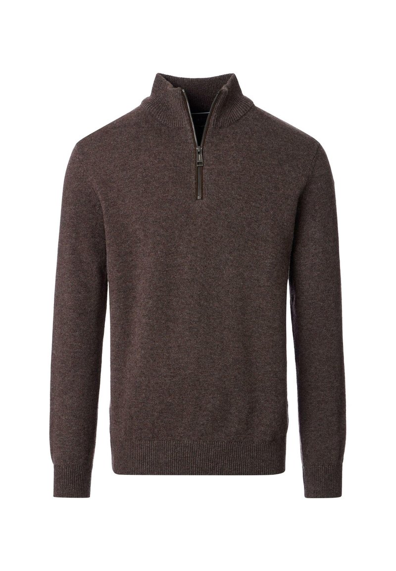 Brauner Strickpullover mit einem halben Reißverschluss am Kragen. Verfügt über gerippte Manschetten und Saum, eine glatte Textur und eine klassische Passform.