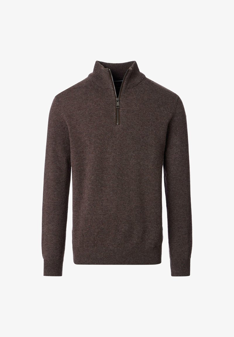 Brauner Strickpullover mit einem halben Reißverschluss am Kragen. Verfügt über gerippte Manschetten und Saum, eine glatte Textur und eine klassische Passform.
