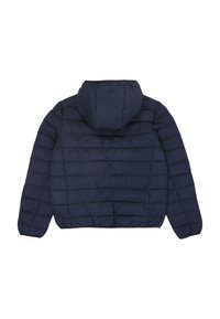 Mörkblå vadderad jacka med huva, med horisontell sömnad, långa ärmar och elastisk fåll. Slät, syntetisk material.