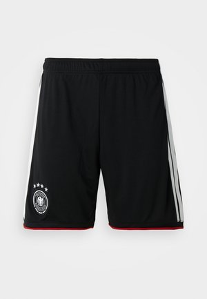 Black sports shorts with an elastic waistband, featuring gray side stripes and a red trim at the hem. Includes a badge with a crest and stars.