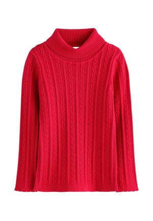 Rød kabelstrikket turtleneck sweater med lange ærmer og ribbet krave og manchetter, præsenteret mod en hvid baggrund.