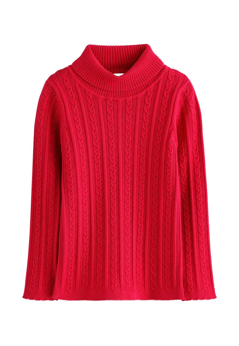 Roter kabelgestrickter Rollkragenpullover mit langen Ärmeln sowie geripptem Kragen und Bündchen, vor weißem Hintergrund präsentiert.