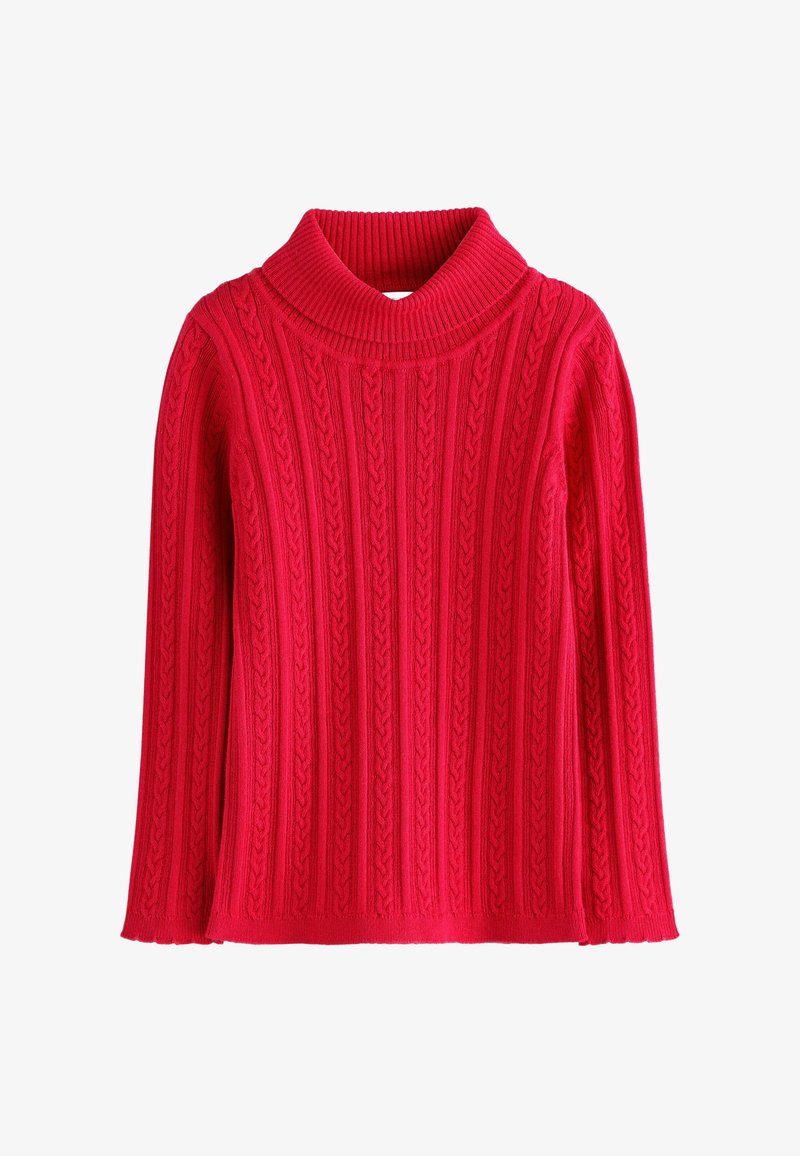 Roter kabelgestrickter Rollkragenpullover mit langen Ärmeln sowie geripptem Kragen und Bündchen, vor weißem Hintergrund präsentiert.