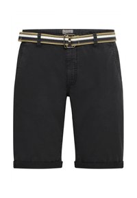 Pantaloni corti neri al ginocchio con risvolti e una cintura in tessuto a righe in oliva, bianco e nero con una fibbia in metallo.