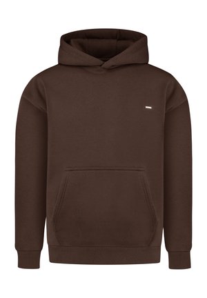 Brown hoodie made from soft fabric, featuring a front pocket, ribbed cuffs, and a drawstring hood. Small logo accent on the chest.