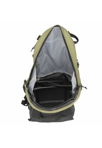 Zaino grigio e verde chiaro con chiusura a zip, dotato di un ampio interno, tasche organizzative e una superficie testurizzata.