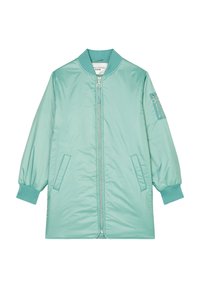 Světlá tyrkysová bomber bunda s žebrovaným límcem, předním zipem a dvěma bočními kapsami. Má elastické manžety a kapsu na zip na rukávu.