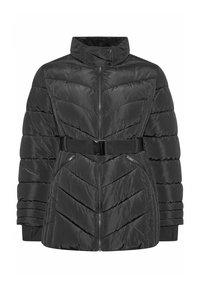 Schwarze Pufferjacke mit hohem Kragen, Reißverschluss, tailliertem Gürtel und Zickzack-Nähten. Mit zwei schrägen Reißverschlusstaschen.