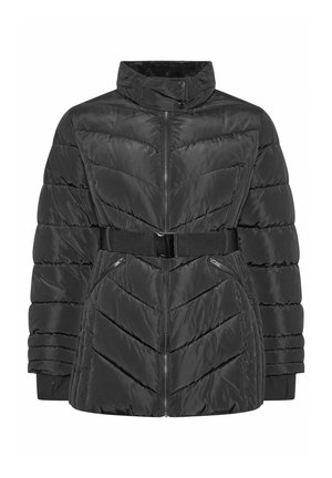 Giubbotto in piuma nero con colletto alto, chiusura con zip, vita con cintura e motivo a zigzag. Presenta due tasche con zip angolate.