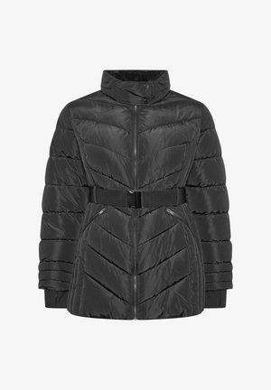Czarna kurtka puchowa z wysokim kołnierzem, zapinana na zamek, z paskiem w talii i wzorem w zygzak. Posiada dwie skośne kieszenie na zamek.