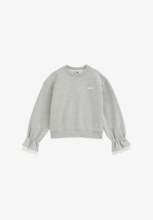 Sweat-shirt gris clair à manches longues avec poignets à volants et petit texte blanc "GRACEFUL!" sur la poitrine gauche.