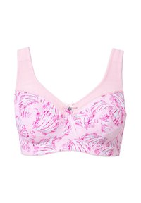Rosa BH mit floralem Muster, breiten Trägern, einer dekorativen Schleife in der Mitte und einer weichen Textur. Das Muster enthält Muscheldesigns.