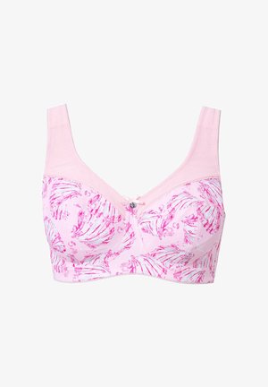 Rosa BH mit floralem Muster, breiten Trägern, einer dekorativen Schleife in der Mitte und einer weichen Textur. Das Muster enthält Muscheldesigns.