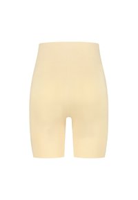 Höga beiga sömlösa shaping-shorts med medellång längd vid låren och mitt bak-söm på en vit bakgrund.