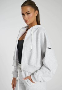 Felpa corta grigia chiara con zip, texture in fleece, maniche oversize, cappuccio con lacci e accent logo sulla manica sinistra.