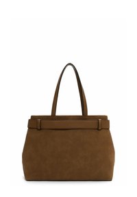 Bruine suede tote bag met twee handgrepen, gestructureerde vorm en een contrasterende leren accent rondom de bovenkant. Gladde textuur met subtiele glans.