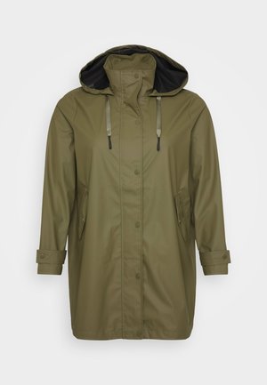 Olive green raincoat with a hood, featuring two side pockets and snap closures, displayed against a plain white background.