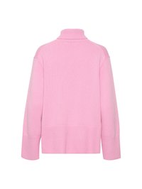 Maglione lavorato a maglia di colore rosa chiaro, con colletto alto e maniche lunghe. Presenta un orlo e polsini a coste, una consistenza liscia e un design semplice.
