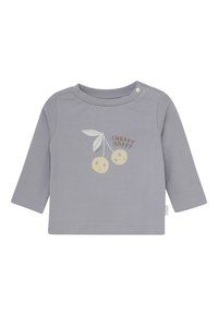 Hellblau-lila Langarm-Babyshirt mit lächelndem Kirschgrafik und dem Text "CHERRY HAPPY", ausgestattet mit einem Druckknopf an der Schulter.