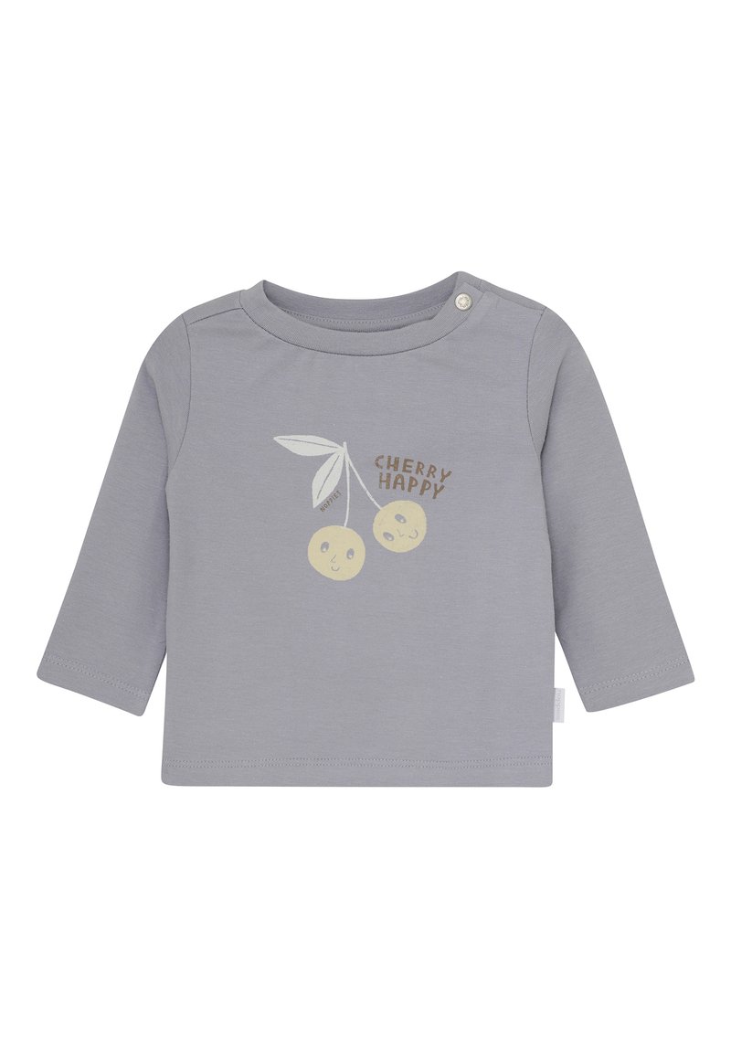 Hellblau-lila Langarm-Babyshirt mit lächelndem Kirschgrafik und dem Text "CHERRY HAPPY", ausgestattet mit einem Druckknopf an der Schulter.