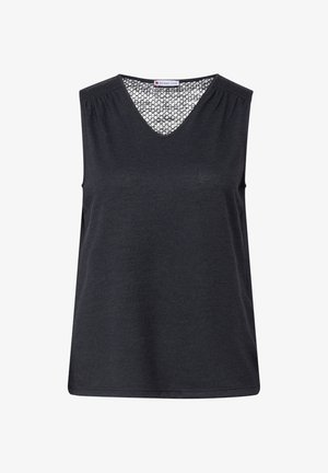 Schwarzes ärmelloses Top mit V-Ausschnitt, gerafften Details an den Schultern und einer Spitzenbesatz am Ausschnitt. Weiche Textur und lockere Passform.