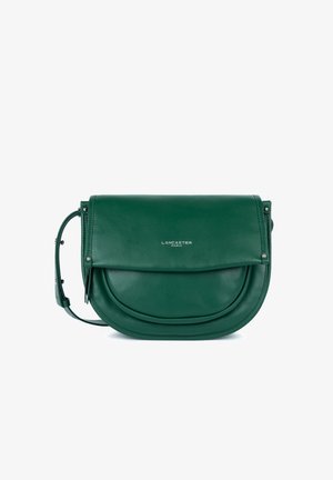 Green leather Lancaster Paris crossbody bag with curved flap and adjustable strap on white background.