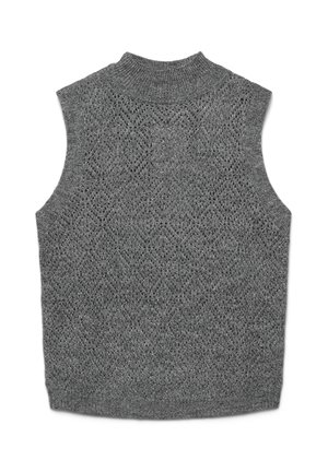 Gray sleeveless knit sweater featuring a textured diamond pattern, ribbed collar, and hem, made from a soft yarn with subtle sheen.