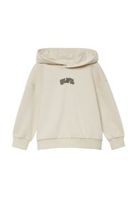Beige hoodie met lange mouwen en geribbelde manchetten, voorzien van een klein, gestileerd tekstlogo op de voorkant in het midden.