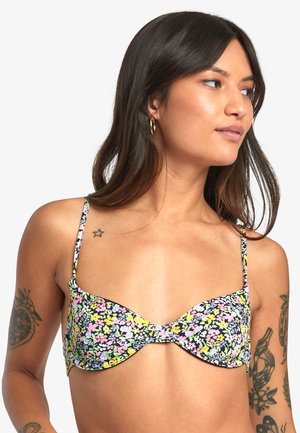 Floral bikini top featuring a black background with multicolored flowers, underwire support, adjustable straps, and a smooth texture.