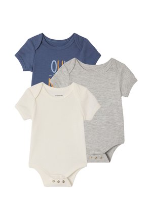 Drei kurzärmelige Babybodys in Marineblau mit Text, Hellgrau und Creme, alle mit Druckknöpfen am unteren Ende.