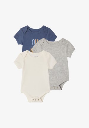 Three short-sleeve baby bodysuits in navy blue with text, light gray, and cream, all with snap closures at the bottom.