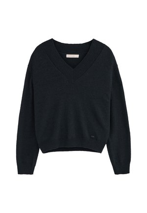 Czarny sweter z dzianiny z dekoltem w serek, długimi rękawami, prążkowanymi mankietami i krawędzią oraz małą materiałową metką marki przy dolnej krawędzi.