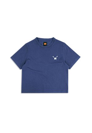 T-shirt cropped bleu marine en coton, avec un col rond et un petit design brodé d'un lapin avec des ustensiles croisés sur la poitrine.
