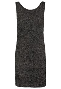 Robe noire tricotée sans manches avec un fil métallique argenté sur toute la surface, dotée d'un col rond et d'une coupe droite au-dessus du genou.