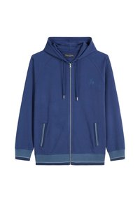 Dunkelblaues Zip-Hoodie mit verstellbarem Kapuzenzug, Raglanärmeln, Fronttaschen, kontrastierendem Saum und gesticktem Logo in der Nähe des Halsausschnitts.