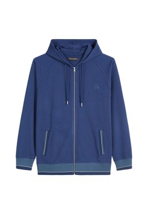 Granatowy rozpinany hoodie z kapturem na sznurki, raglanowymi rękawami, przednimi kieszeniami, kontrastowymi wykończeniami oraz haftowanym logo w okolicy dekoltu.
